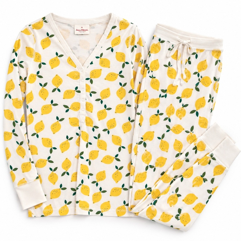 Hanna Andersson Pajama Set Organic Cotton Lemon Print Womens M Henley Jogger